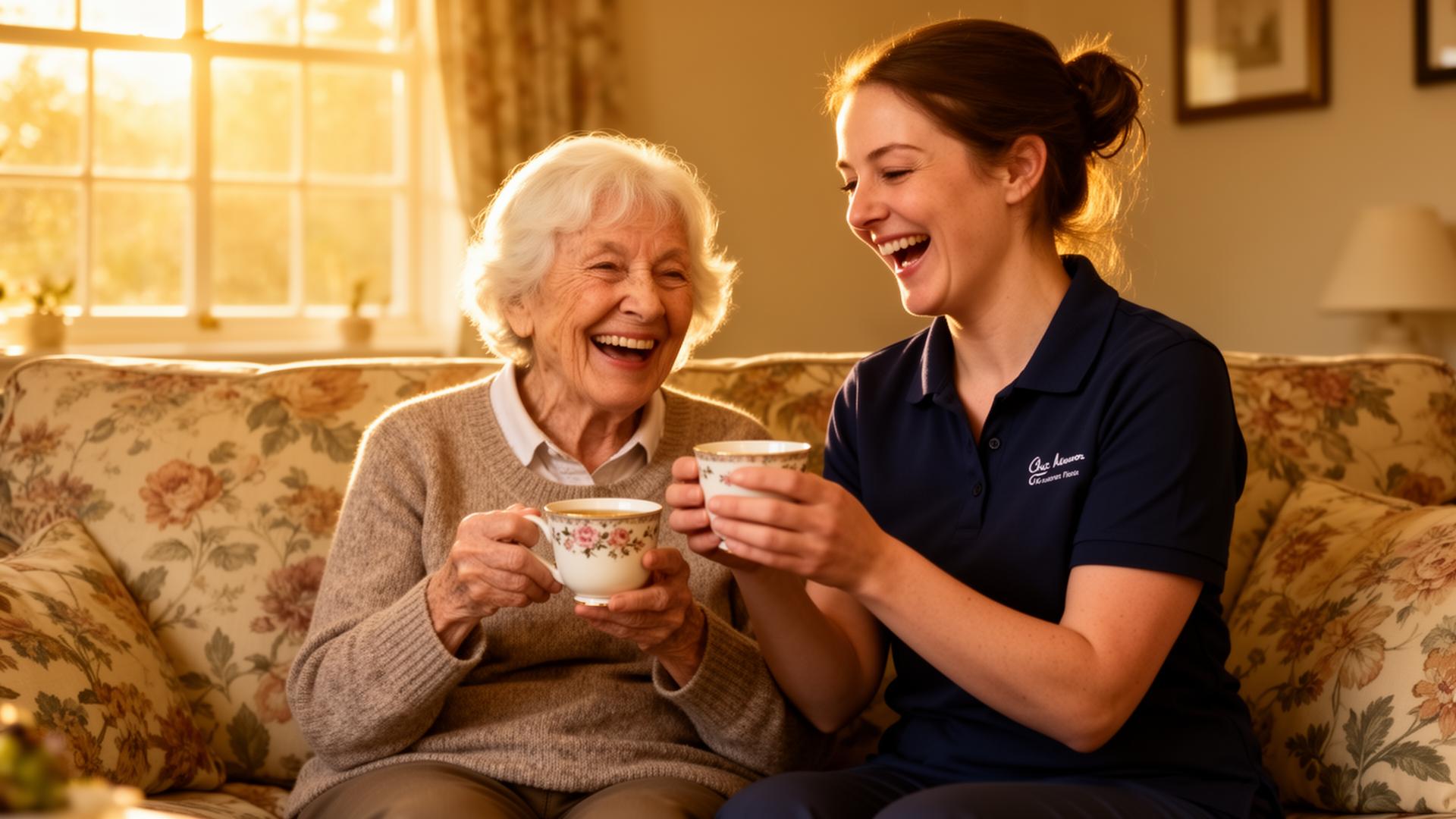 Friendly care worker and elderly woman sharing tea on a floral sofa